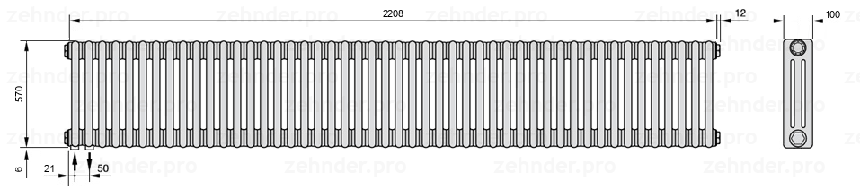 Схема (чертеж) Радиатор Zehnder Charleston 3057/48 №3370 Technoline TL